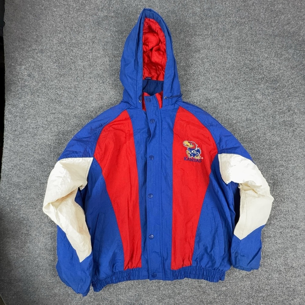 Vintage Kansas Jayhawks Jacket Mens XL Blue NCAA Basketball Starter Hooded